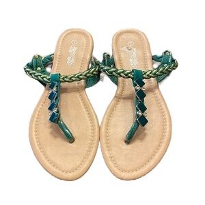 Rosegirl sandals size 7 with green and gold braiding accented by gems